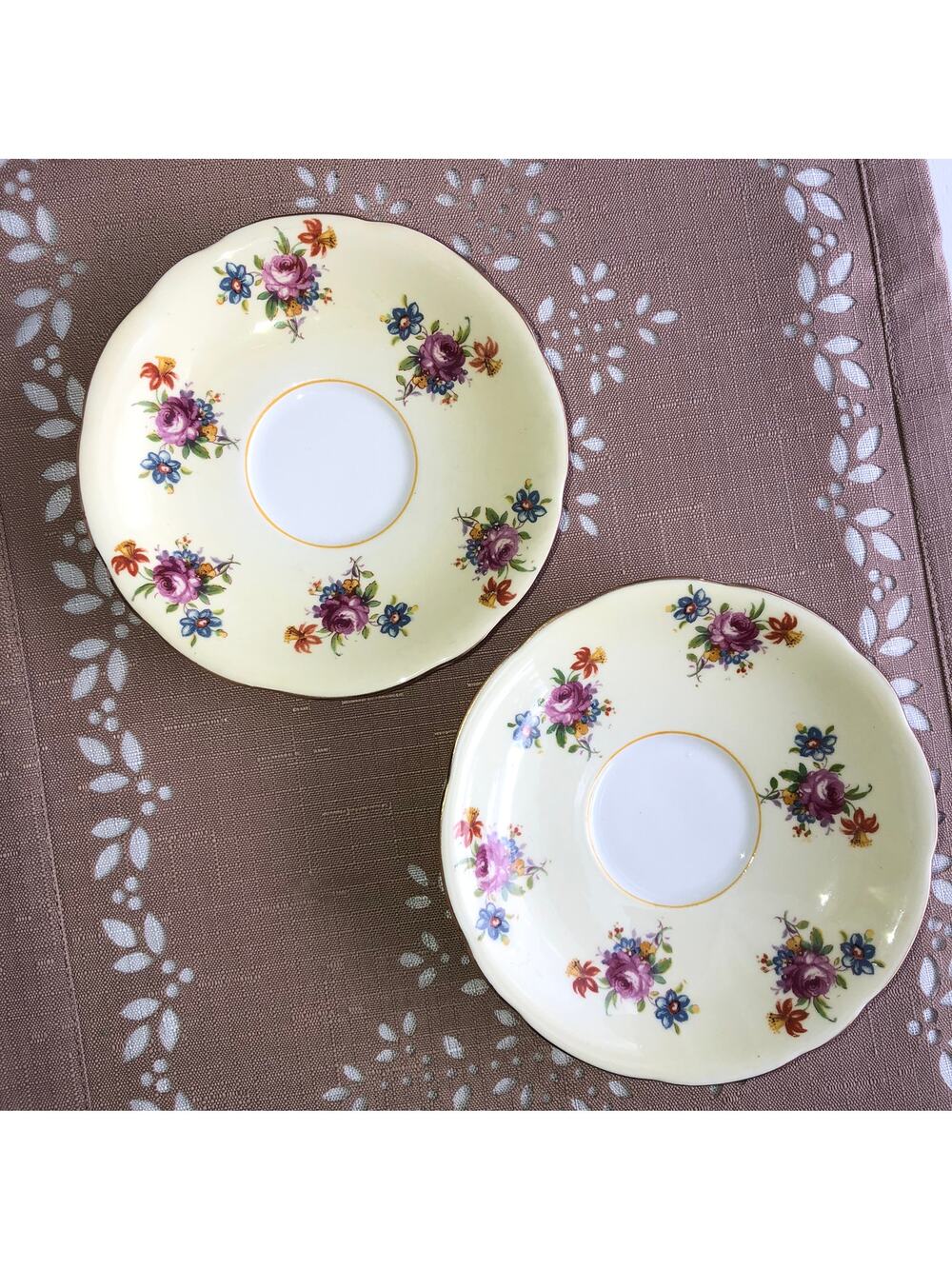 Aynsley Vintage Cream Bone China Floral Print Gold Trim Saucers Set of 2